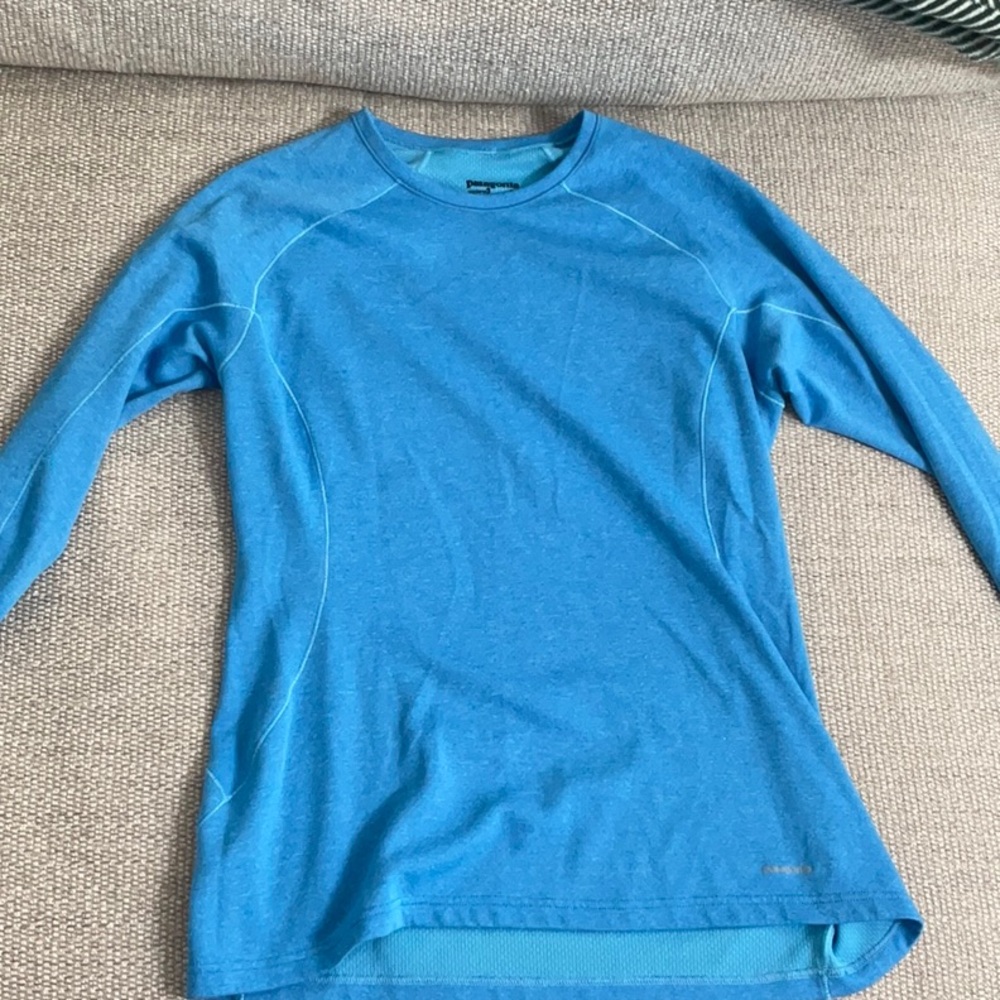 Patagonia Women's Long Sleeve Tee in Bright Blue with Light Blue Stitching